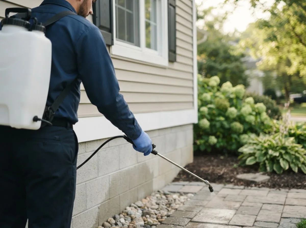 Pest control technician inspecting a home in Shell Lake, WI